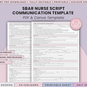 May include: An SBAR nurse script communication template in PDF and Canva format. The document features sections for situation, background, assessment, and request, with checkboxes and lines for patient data. It is a printable, editable form.