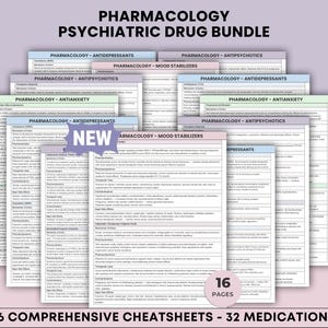 Peut inclure: Plusieurs fiches de pharmacologie avec des titres tels que "Antidépresseurs" et "Antipsychotiques". Les fiches sont blanches avec des en-têtes colorés et contiennent des informations détaillées. Le texte "16 fiches complètes - 32 médicaments" est inclus.