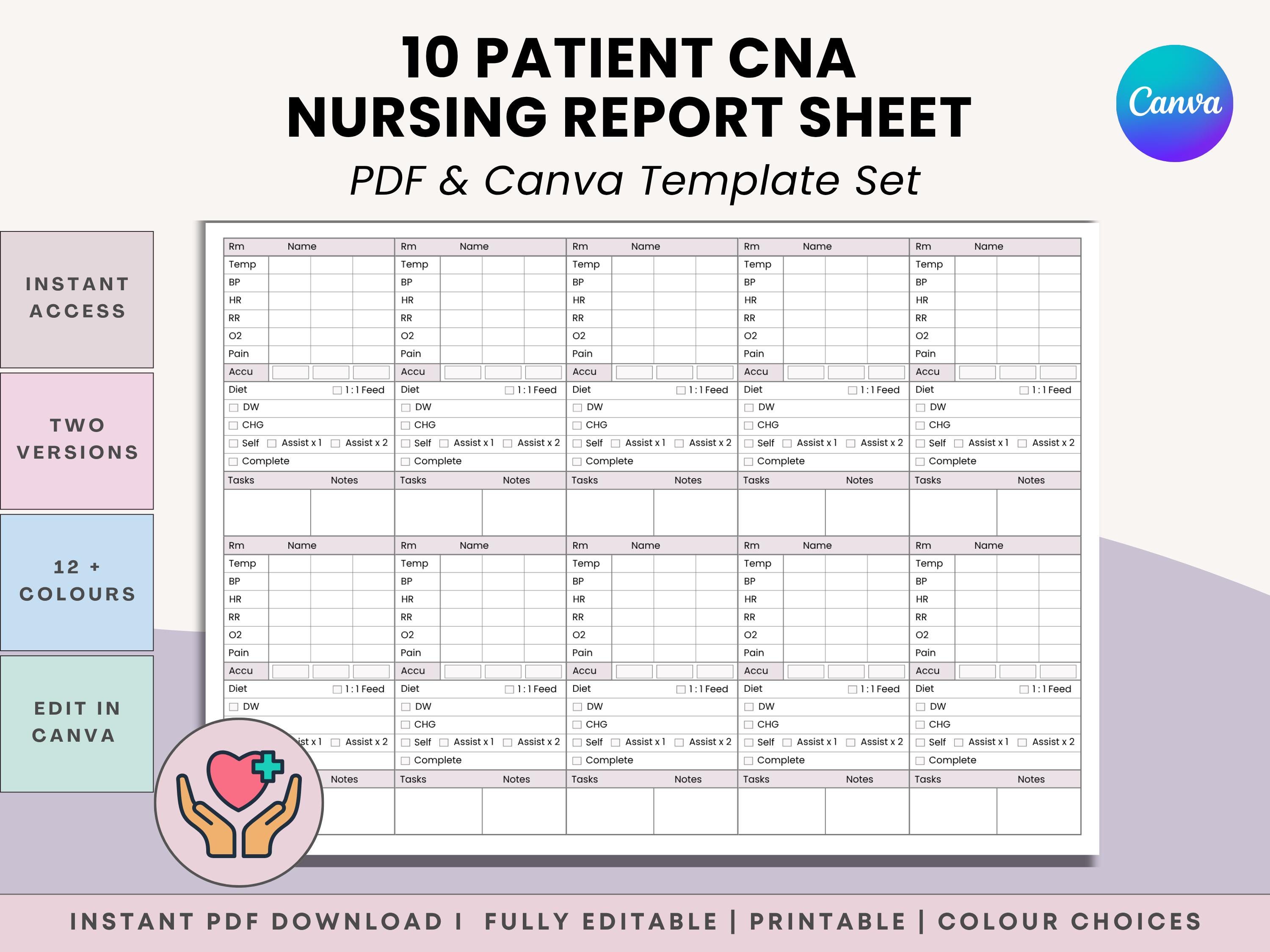 10-Patient CNA, Rn, Lpn Shift Organizer | Nursing Report Sheet | Vitals, Accu Checks, Diet & Tasks | Ltc, Snf, Nursing Home | Pdf + Canva