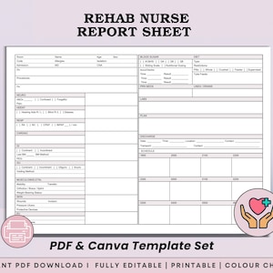 May include: A white Rehab Nurse Report Sheet template with the text "REHAB NURSE REPORT SHEET" at the top. The template includes sections for patient information, vital signs, and notes. The image also includes the text "PDF & Canva Template Set".