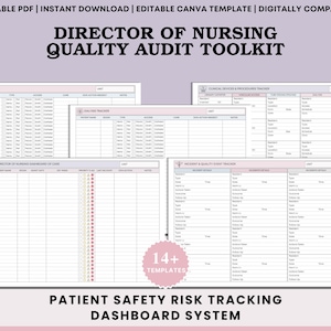 Könnte beinhalten: Eine Sammlung druckbarer Vorlagen für ein Director of Nursing Quality Audit Toolkit. Die Vorlagen umfassen Formulare zur Verfolgung von Dialyse, klinischen Geräten und Ereignissen. Der Text enthält "Patient Safety Risk Tracking Dashboard System."