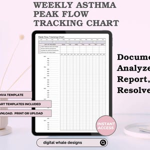 Astma Peak Flow Tracker | Dagelijks symptoom, inhalator en medicatielogboek | Pediatrische/volwassenen AM/PM-metingen | Afdrukbare pdf- en canvassjabloon