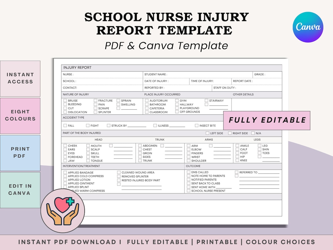 Printmaking Injury School Nurse Injury Report Form - Health Office Documentation Student ...