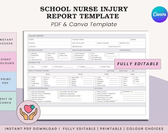 Op de afbeelding: Een sjabloon voor een schoolverpleegkundige letselrapport, beschikbaar als PDF en Canva-sjabloon. Het formulier bevat secties voor details van het letsel, het type ongeval en de getroffen lichaamsdelen. Directe toegang en acht kleuropties.