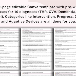 May include: A 20-page editable Canva template with pre-written phrases for 19 diagnoses, including THR, CVA, and Dementia. Categories like Intervention, Progress, Goals, and Adaptive Devices are included. The text is in black on a white background.