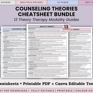 May include: A digital bundle of 13 counselling theory cheatsheets and therapy modality guides. The documents feature structured text, bullet points, and checkboxes for professional use, presented as a printable PDF and editable Canva template.
