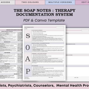 May include: A PDF and Canva template for a therapy documentation system. The document is titled "The SOAP Notes" and is designed for therapists, psychiatrists, counselors, and mental health providers. The template is available in two colors and multiple versions.