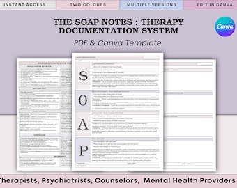 Op de afbeelding: Een sjabloon voor een therapiedocumentatiesysteem genaamd "The SOAP Notes", beschikbaar als PDF- en Canva-sjabloon. Ontworpen voor therapeuten, psychiaters, counselors en professionals in de geestelijke gezondheidszorg. Biedt twee kleuren en meerdere versies.