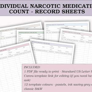 May include: A collection of Individual Narcotic Medication Count Record Sheets. The sheets are white with pink, green, and gray accents. The text "INDIVIDUAL NARCOTIC COUNT RECORD" is visible on each sheet. The image also includes the text "INCLUDED" and details about the PDF file.