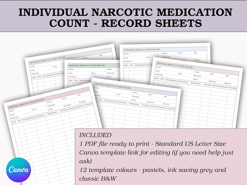 May include: A collection of Individual Narcotic Medication Count Record Sheets. The sheets are white with pink, green, and gray accents. The text "INDIVIDUAL NARCOTIC COUNT RECORD" is visible on each sheet. The image also includes the text "INCLUDED" and details about the PDF file.