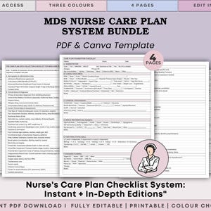 May include: A bundle of nurse care plan templates, including a checklist, with the text "MDS Nurse Care Plan System Bundle". The templates are in PDF and Canva format, with options for three colors and four pages. The design includes a Canva logo and a nurse illustration.