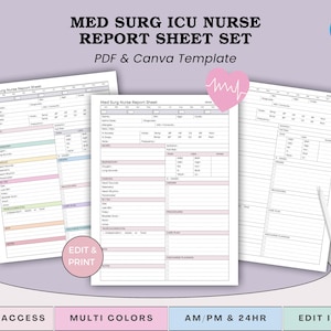 Może przedstawiać: Zestaw arkuszy raportów pielęgniarskich Med Surg ICU w formacie PDF i szablonie Canva. Arkusze są białe z różowymi, niebieskimi i żółtymi akcentami i zawierają sekcje dotyczące informacji o pacjencie, parametrów życiowych i procedur. Obraz zawiera również tekst "EDIT & PRINT", "NATYCHMIASTOWY DOSTĘP", "WIELOKOLOROWY", "AM/PM & 24HR" i "EDYTUJ W CANVA".