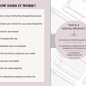 May include: A digital product graphic with instructions on how to download and use the product. The text includes "How Does It Work?" and "This is a Digital Product". The product is a printable PDF file and an editable Canva template.