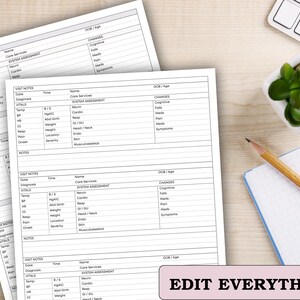 May include: Two white medical forms with detailed sections for patient information, including vital signs and notes, are displayed. A small potted plant, a pencil, and a keyboard are also visible on the wooden surface. The text "EDIT EVERYTHING" is at the bottom.