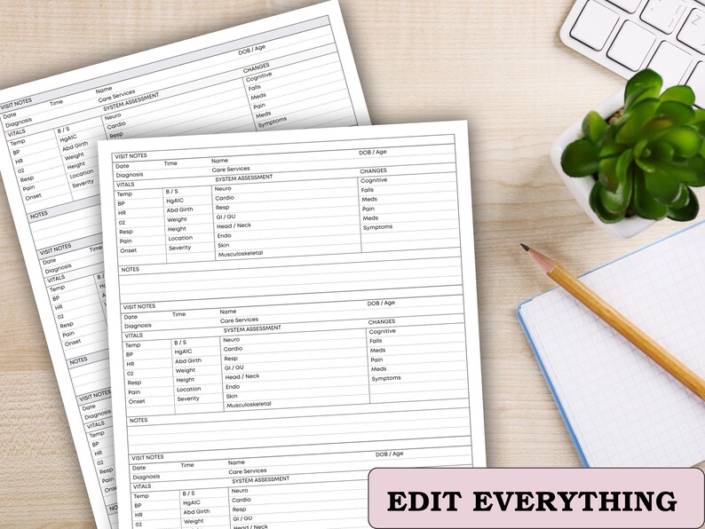 May include: Two white medical forms with detailed sections for patient information, including vital signs and notes, are displayed. A small potted plant, a pencil, and a keyboard are also visible on the wooden surface. The text "EDIT EVERYTHING" is at the bottom.