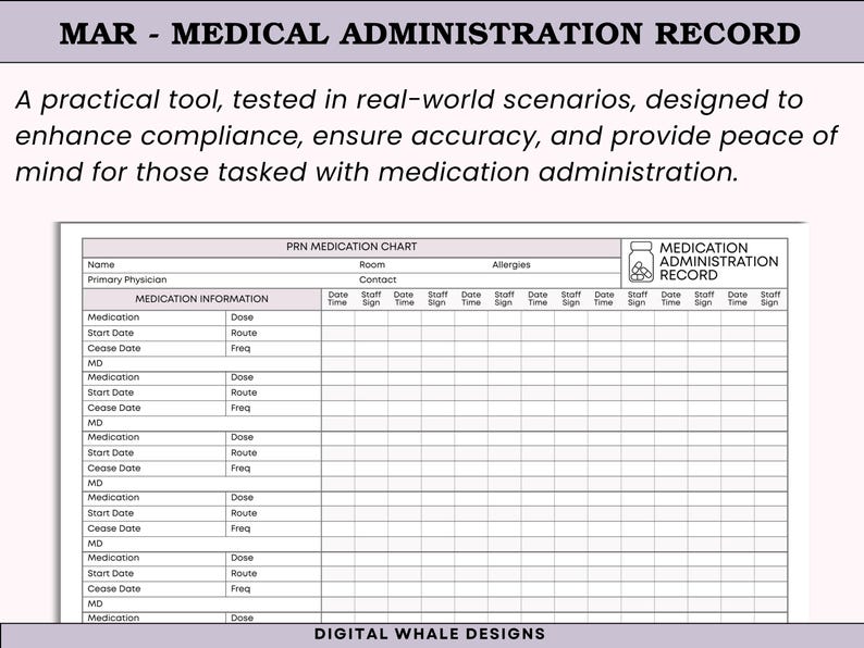 May include: A Medical Administration Record (MAR) form with a PRN Medication Chart. The form includes sections for medication information, start and cease dates, and staff signatures. The text at the top reads "MAR - MEDICAL ADMINISTRATION RECORD".