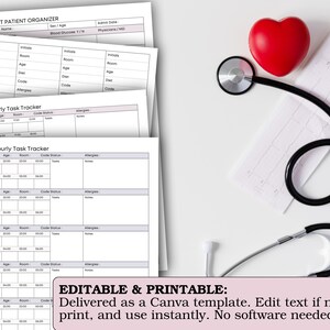 Peut inclure: Plusieurs formulaires m&eacute;dicaux, dont un organisateur de patients et un suivi des t&acirc;ches, sont empil&eacute;s. Un c&oelig;ur rouge et un st&eacute;thoscope sont &agrave; droite. Le texte "EDITABLE & PRINTABLE" est visible en bas.