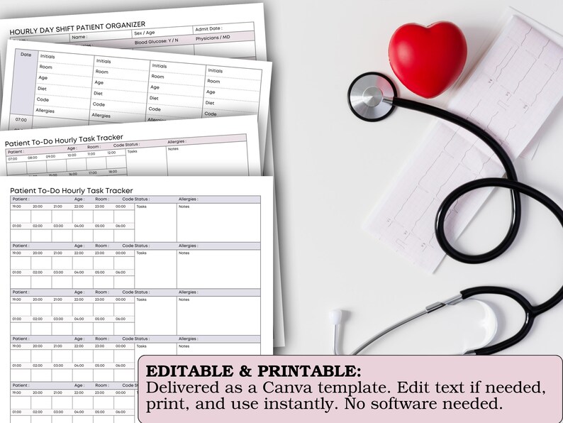 Peut inclure: Plusieurs formulaires m&eacute;dicaux, dont un organisateur de patients et un suivi des t&acirc;ches, sont empil&eacute;s. Un c&oelig;ur rouge et un st&eacute;thoscope sont &agrave; droite. Le texte "EDITABLE & PRINTABLE" est visible en bas.