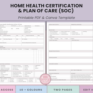 Peut inclure: Modèle PDF et Canva imprimable pour la certification de santé à domicile et le plan de soins (SOC). Le document comprend des sections pour les antécédents médicaux, les médicaments et les limitations fonctionnelles. Disponible en 10+ couleurs, modifiable dans Canva.
