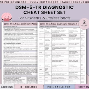 Op de afbeelding: Een tweedelige DSM-5-TR diagnostische spiekbriefset voor studenten en professionals. Het document bevat een klinische diagnostische assistent, een snelle diagnostische workflow en een overzichtstabel met kolommen voor groep, diagnose en symptomen.