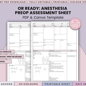 Può includere: Modello di scheda di valutazione preoperatoria per anestesia in formato PDF stampabile e Canva modificabile. Il documento presenta sezioni strutturate per dati del paziente, dettagli chirurgici, esami fisici, piani anestetici e diagrammi.