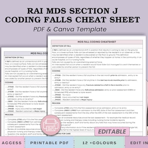 May include: A digital PDF and Canva template for the RAI MDS Section J Coding Falls Cheat Sheet. The document includes definitions, coding guidelines, and process steps. A black pen rests on the right side of the document. The template is editable and offers 12+ colors.