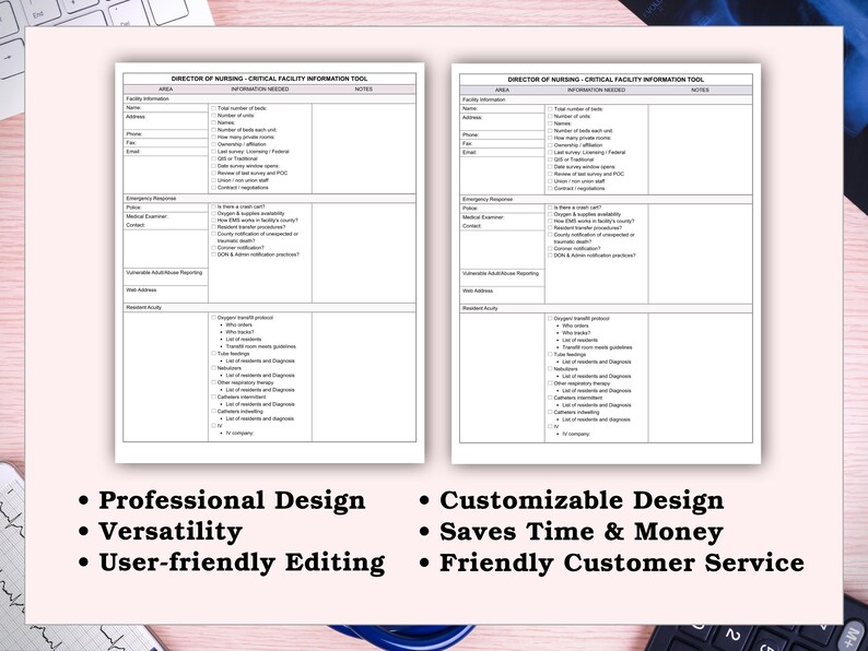 May include: Two white documents titled "Director of Nursing - Critical Facility Information Tool" are displayed. The documents contain lists of information needed. Below the documents are bullet points that read: Professional Design, Versatility, User-friendly Editing, Customizable Design, Saves Time & Money, and Friendly Customer Service.