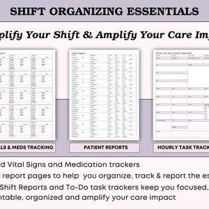 Peut inclure: Impression num&eacute;rique intitul&eacute;e "SHIFT ORGANIZING ESSENTIALS" avec le texte "Simplify Your Shift & Amplify Your Care Impact". L'image pr&eacute;sente trois mod&egrave;les imprimables : Suivi des signes vitaux et des m&eacute;dicaments, Rapports patients et Suivi des t&acirc;ches horaires.