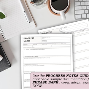 Peut inclure: Une sc&egrave;ne de bureau avec des notes de progression, un bloc-notes, un stylo et une tasse de caf&eacute;. Les notes de progression sont blanches avec du texte noir, et le texte "PROGRESS NOTES GUIDE" est visible. Un clavier et une petite plante sont &eacute;galement pr&eacute;sents.