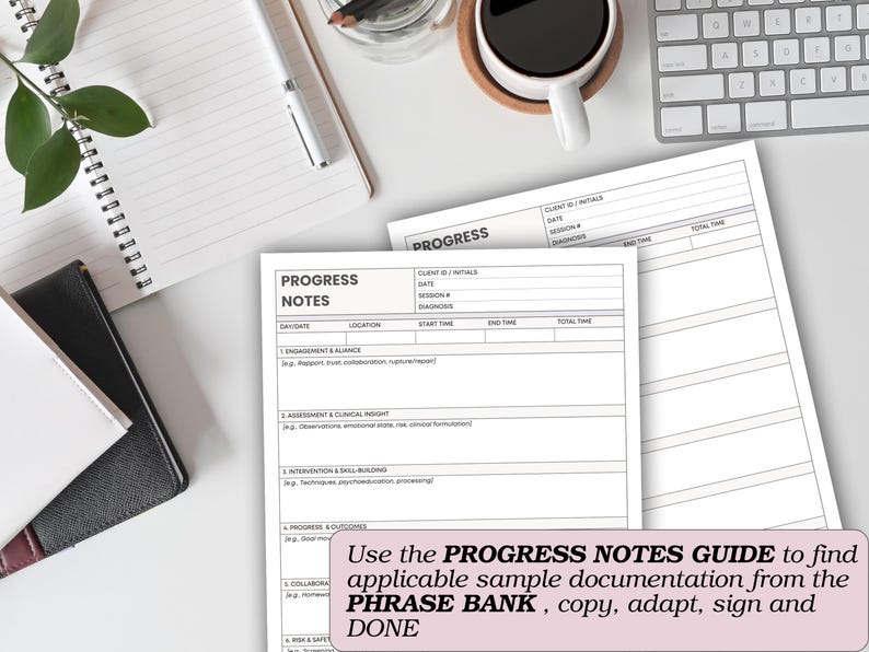 Peut inclure: Une sc&egrave;ne de bureau avec des notes de progression, un bloc-notes, un stylo et une tasse de caf&eacute;. Les notes de progression sont blanches avec du texte noir, et le texte "PROGRESS NOTES GUIDE" est visible. Un clavier et une petite plante sont &eacute;galement pr&eacute;sents.