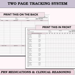 May include: A two-page tracking system with the text "TWO PAGE TRACKING SYSTEM". The first page says "PRINT THIS ON THE BACK" and the second page says "PRINT THIS IN FRONT". The bottom of the image says "TRACK PRN MEDICATIONS & CLINICAL REASONING".