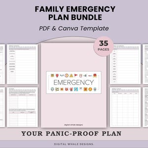 Puede incluir: Una plantilla de paquete de plan de emergencia familiar con el texto "FAMILY EMERGENCY PLAN BUNDLE PDF & Canva Template". La imagen muestra una portada rosa con la palabra "EMERGENCY" e iconos. El paquete incluye 35 páginas de plantillas.