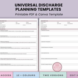 May include: A printable PDF and Canva template for universal discharge planning. The document includes sections for patient information, discharge plan, medication management, and home health services. The template is available in two versions and 12+ colors.