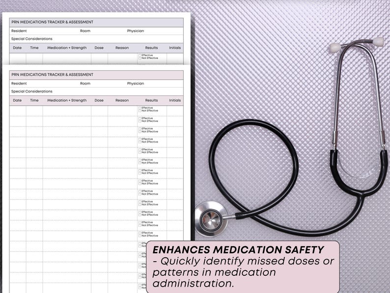 May include: A medical assessment form and a stethoscope are shown against a textured background. The form is for tracking medications, with fields for date, time, medication, dose, and results. The stethoscope is black and silver, with the text "ENHANCES MEDICATION SAFETY" at the bottom.