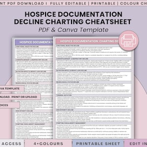 May include: A digital hospice documentation decline charting cheatsheet template in PDF and Canva format. The document features sections on functional, cardiopulmonary, nutrition, neurological, and skin integrity decline, plus pain management.