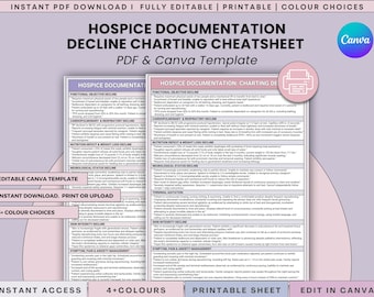May include: A digital hospice documentation decline charting cheatsheet template in PDF and Canva format. The document features sections on functional, cardiopulmonary, nutrition, neurological, and skin integrity decline, plus pain management.