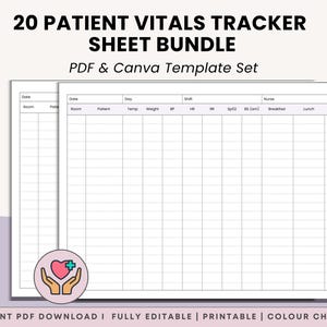 Printable Nursing Vitals Sheet for 20 Patients , Track Vitals, Blood Sugar & Meals, Patient Organizer Report for Handoff and Records - PDF