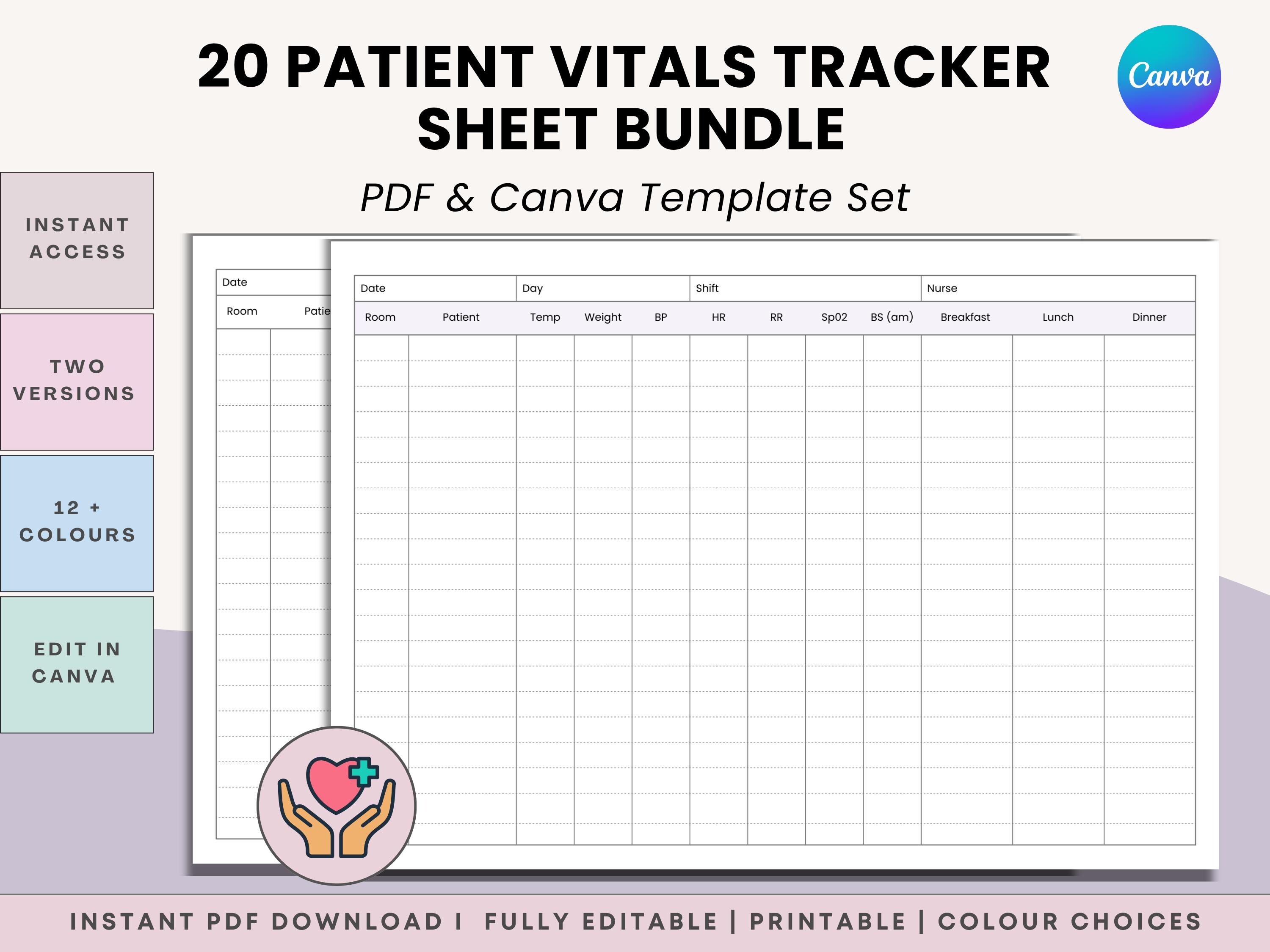 20人の患者向け印刷可能な看護バイタルレポートシート - バイタル、血糖値、食事の引き継ぎ（PDF + Canva）