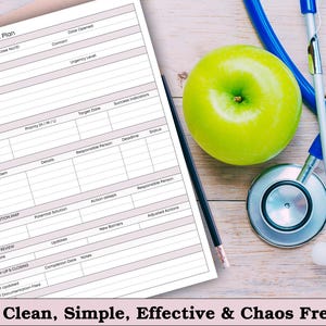 May include: A medical-themed image featuring a green apple, a stethoscope, a pencil, and a management action plan. The plan includes sections for information, summary, assessment, and advocacy goals. Text at the bottom reads "Clean, Simple, Effective & Chaos Free."