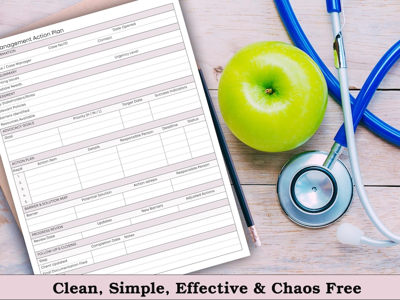 May include: A medical-themed image featuring a green apple, a stethoscope, a pencil, and a management action plan. The plan includes sections for information, summary, assessment, and advocacy goals. Text at the bottom reads "Clean, Simple, Effective & Chaos Free."