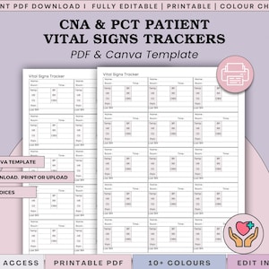 CNA, PCT, Nursing Assistant 15 Patient Vital Signs Report Sheet - Nurse Vitals Monitoring Log