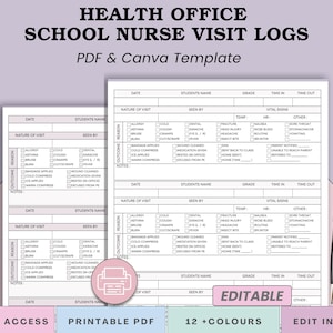 May include: A school nurse visit log template in PDF and Canva format. The design features a pink and purple colour scheme with a pen and a printer icon. The text includes "Instant Access", "Printable PDF", "12 + Colours", and "Edit in Canva".
