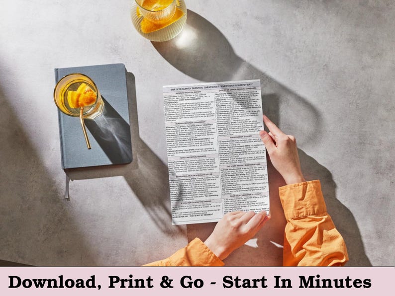 May include: A top-down shot shows a person holding a printed document with text. A blue notebook and a glass of orange-infused beverage with a gold straw are on the left. The text at the bottom reads: Download, Print & Go - Start In Minutes.