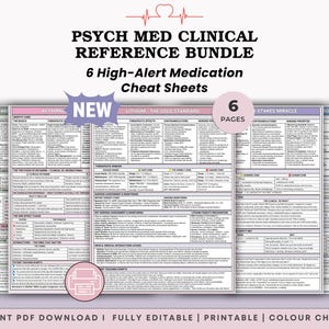 Peut inclure: Un ensemble de références cliniques en psychopharmacologie comprenant 6 fiches mémo sur les médicaments à haut risque. Les documents présentent des informations médicales détaillées, incluant les effets thérapeutiques et les priorités de soins.