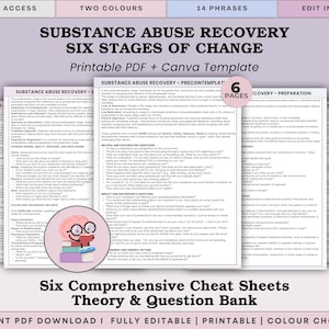 Op de afbeelding: Een digitale documentenset getiteld Substance Abuse Recovery Six Stages of Change, met zes printbare pagina's met theorie en vragen. De lay-out bevat een roze cirkelvormig icoon van een brein dat een boek leest en een Canva-logo in de hoek.