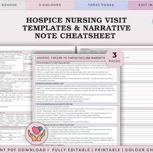 Puede incluir: Plantillas de visitas de enfermería para cuidados paliativos y hoja de referencia de notas narrativas con tres páginas de formularios de documentación médica. Los documentos incluyen secciones para notas de visita y listas de verificación de evaluación.