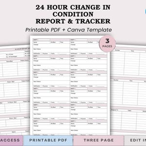 May include: A 24-hour change in condition report and tracker template featuring three pages of medical documentation forms. The printable PDF includes tables for admissions, discharges, transfers, deaths, incidents, and shift-based patient monitoring.
