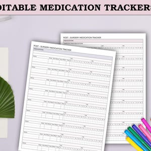 May include: Two white Post-Surgery Medication Tracker sheets with a detailed layout for recording medication information. The sheets include sections for medication name, dosage, frequency, and time. The text "EDITABLE MEDICATION TRACKERS" is at the top.