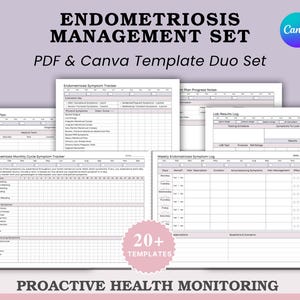 Puede incluir: Un conjunto de plantillas imprimibles para la gesti&oacute;n de la endometriosis, que incluyen rastreadores de s&iacute;ntomas, planes de tratamiento y registros de resultados de laboratorio. Dise&ntilde;ado para el control proactivo de la salud, en formatos PDF y Canva.