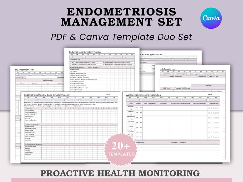 Puede incluir: Un conjunto de plantillas imprimibles para la gesti&oacute;n de la endometriosis, que incluyen rastreadores de s&iacute;ntomas, planes de tratamiento y registros de resultados de laboratorio. Dise&ntilde;ado para el control proactivo de la salud, en formatos PDF y Canva.